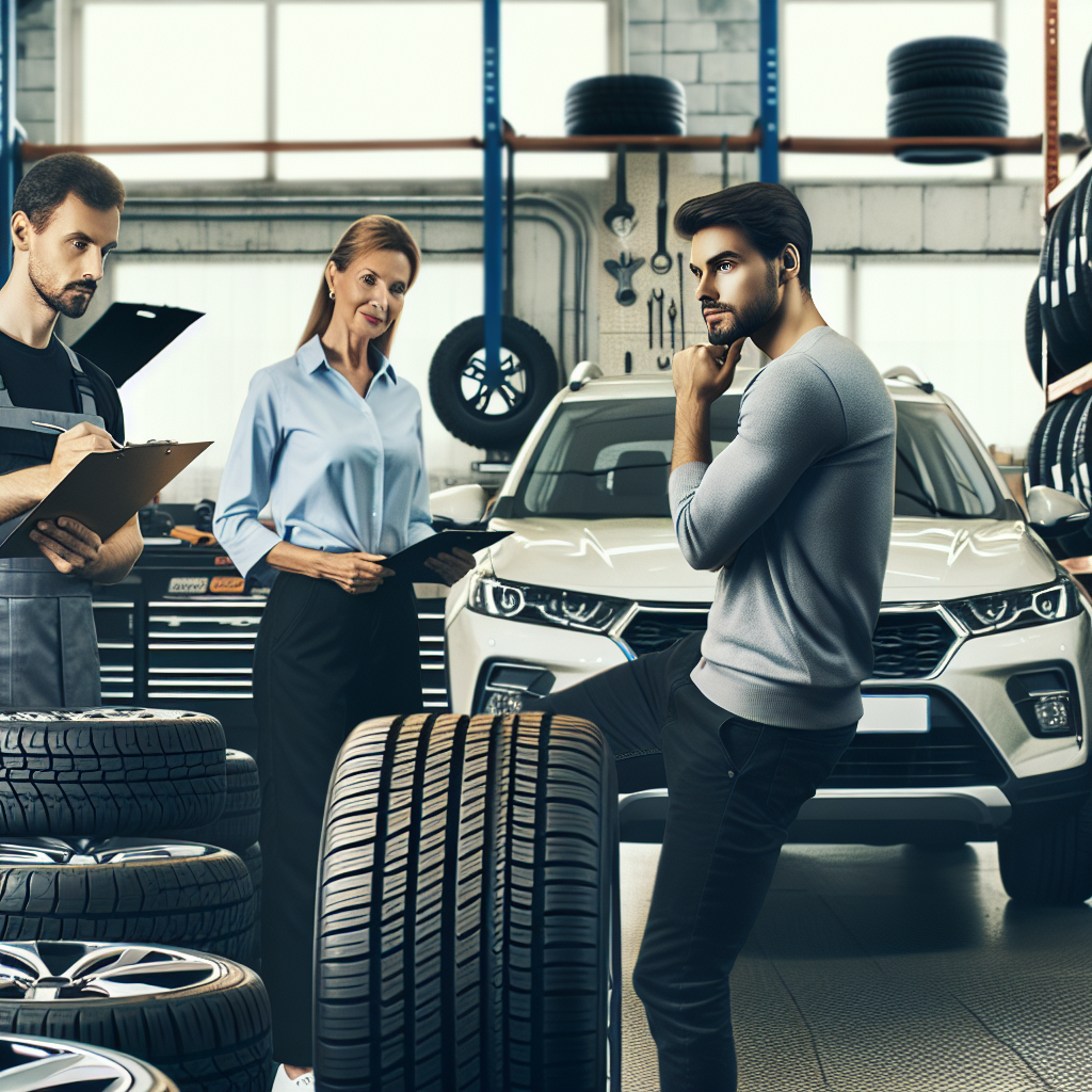 Imagine cu un șofer care alege anvelope pentru crossover-ul său într-un service auto. Toți oamenii din imagine au aspect european.