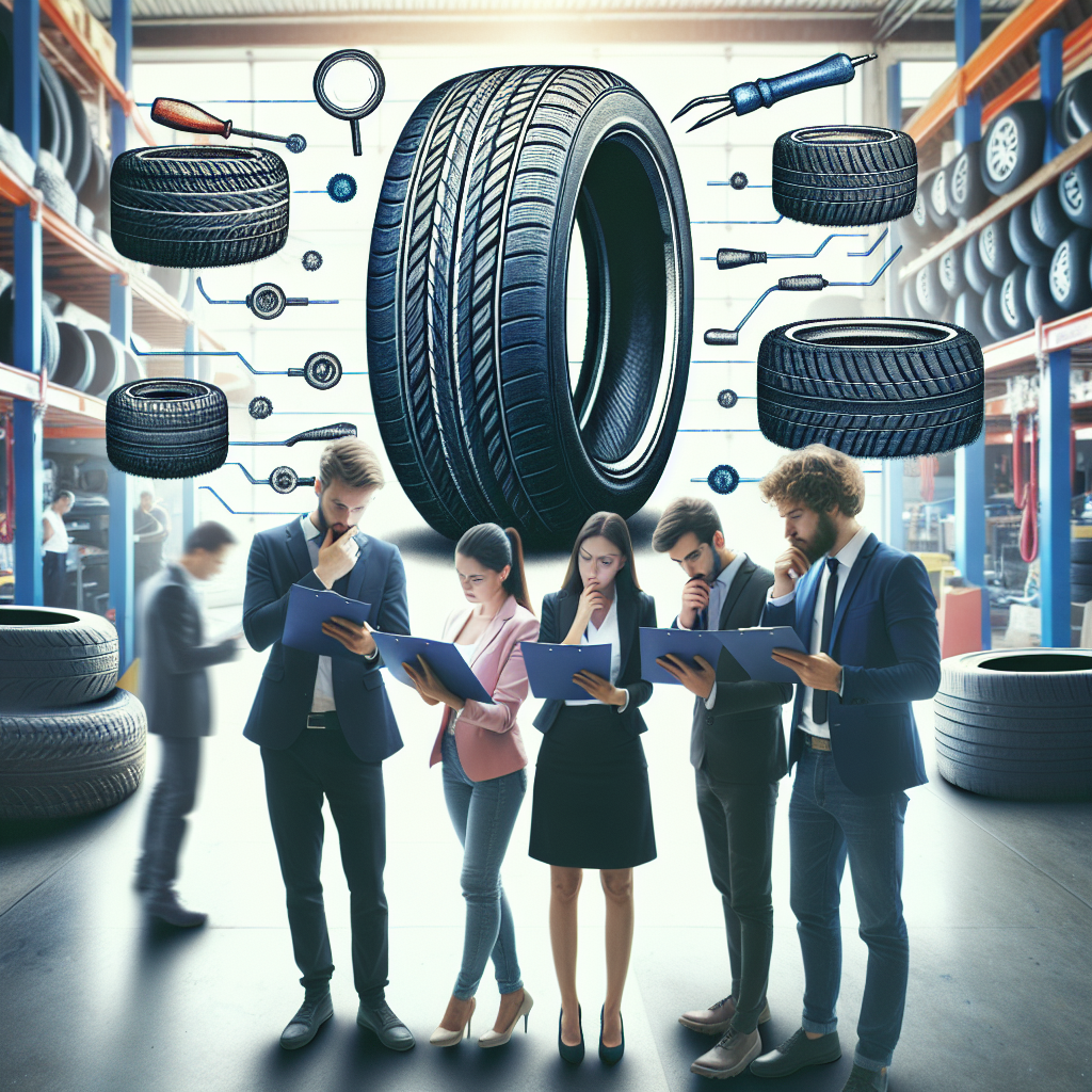 Imagine cu marcajele de pe anvelope, intr-un context de service auto, cu barbati si femei europeni studiind anvelopele. Imaginea ar trebui sa arate ca o fotografie de calitate.