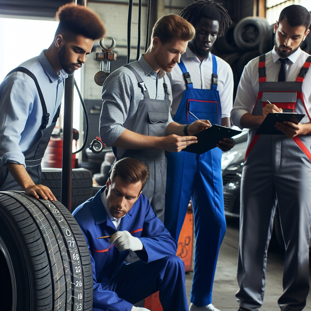 Imagine cu mecanici profesionisti care verifica indicele de incarcare al anvelopelor intr-un atelier auto, cu o eticheta clara pe peretele anvelopei si uneltele de lucru expuse.