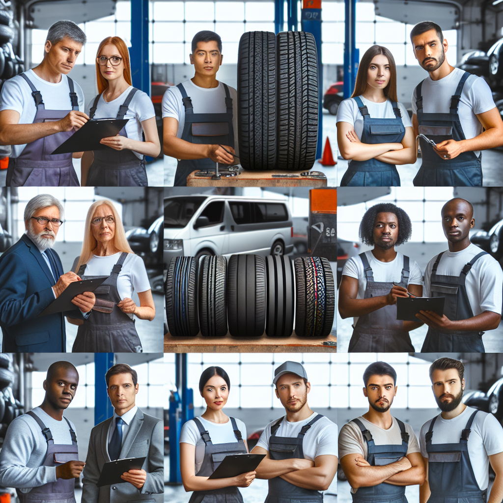 Imagine cu mecanici profesionisti care verifica indicele de incarcare al anvelopelor pentru un microbuz intr-un atelier auto, cu un accent pe anvelope si etichetele acestora.
