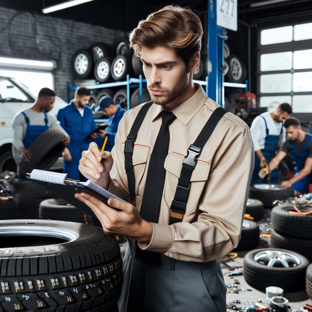 Imagine cu un sofer de microbuz care studiaza indicele de incarcare al anvelopelor inainte de achizitie, intr-o atelier auto cu mecanici si anvelope in fundal.