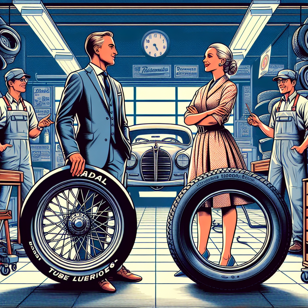 Imagine care ilustreaza comparatia intre anvelopele radiale tubeless si cele regroovabile, pe fundalul unui service auto, cu barbati si femei europeni discutand despre preferintele lor. Imaginea ar trebui sa arate ca o fotografie de calitate.