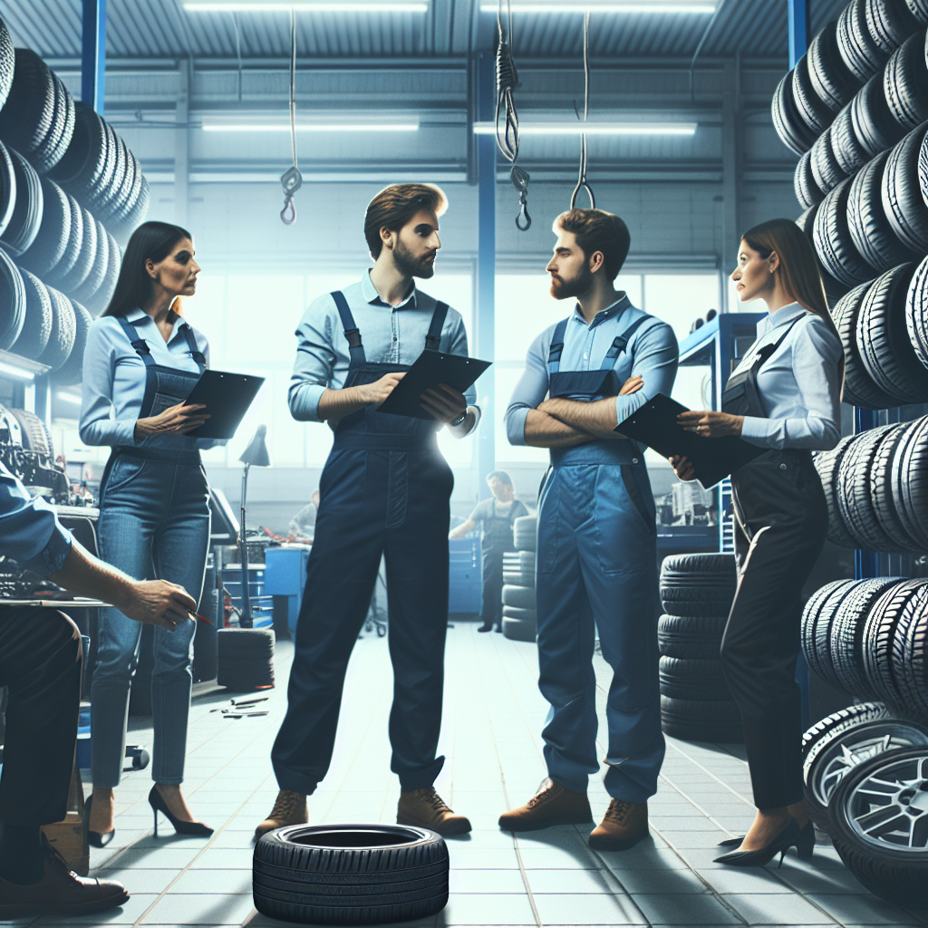 Imaginea diferitelor tipuri de anvelope auto pe fundalul unei ateliere mecanice, cu barbati si femei europeni consultandu-se despre alegerea anvelopelor pentru masina.