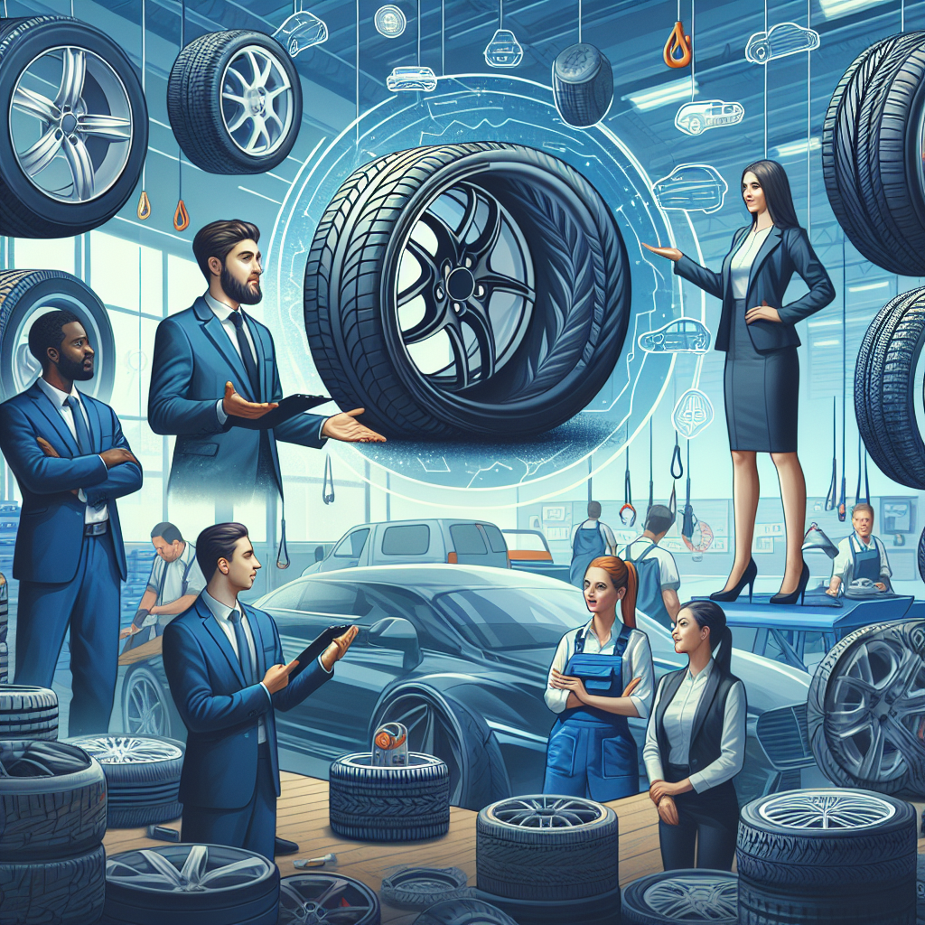 Imaginea diferitelor anvelope auto cu profile variate — inalte si joase — pe fundalul unui service auto, unde specialistii ofera consultanta clientilor.
