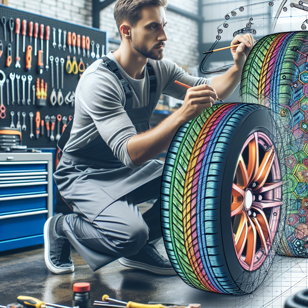 Un mecanic auto lucreaza la anvelope, avand un aspect european si utilizand unelte profesionale intr-un garaj bine echipat.