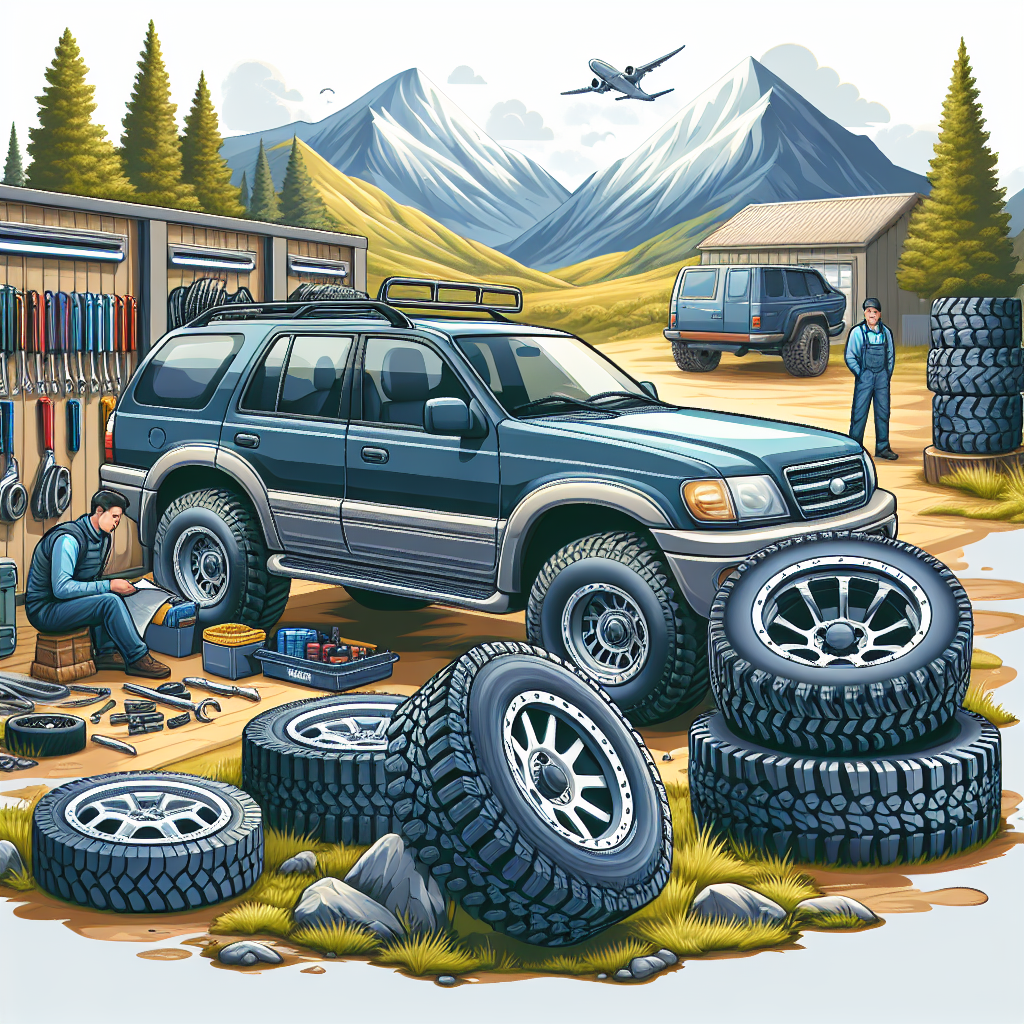 Imagine cu anvelope de teren AT si MT langa un SUV, cu un fundal natural, precum un service auto sau natura.