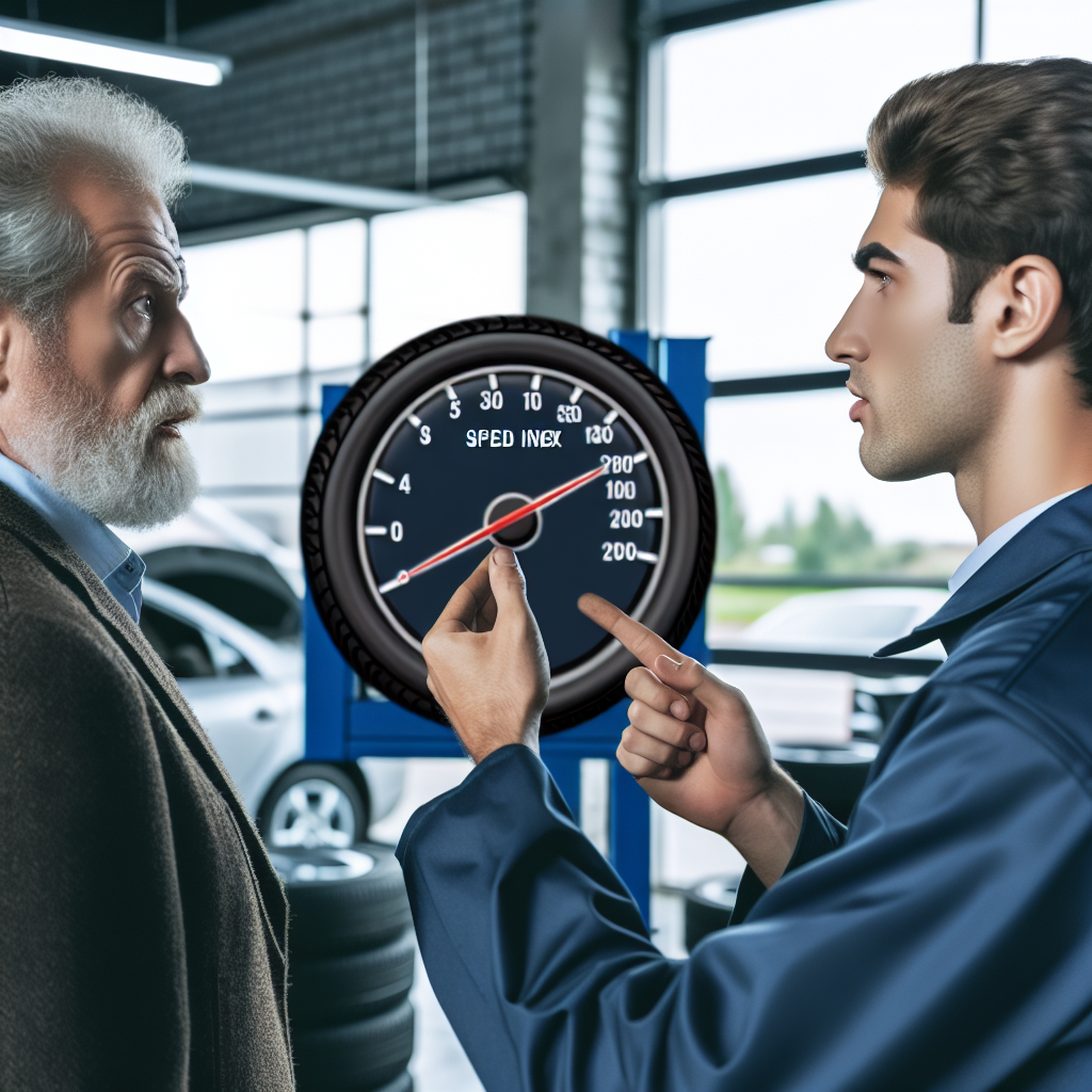 Imagine cu un profesionist care explica unui client marcajul anvelopelor, cu un accent clar pe indicele de viteza. Aspectul tuturor oamenilor trebuie sa fie de tip european, fundalul fiind o atelier auto.