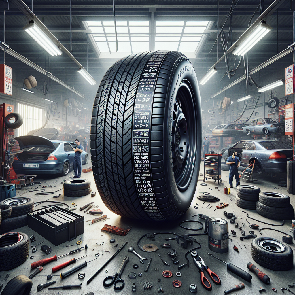 O anvelopa cu diverse etichete ce arata variate specificatii, plasata intr-un atelier auto aglomerat unde mecanicii lucreaza.