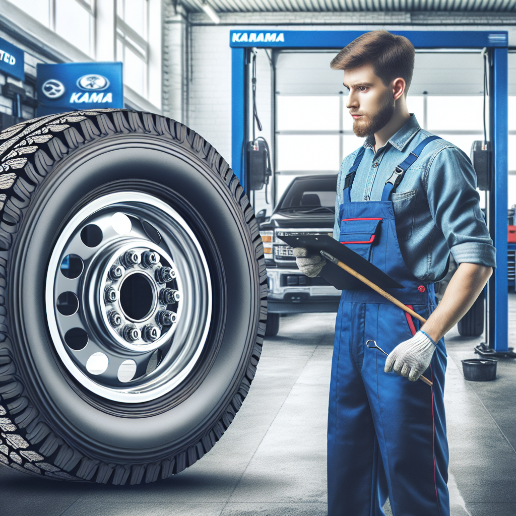 Imagine de inalta calitate care arata o fotografie cu un pneu de camion Kama, cu marcaj clar, pe fundalul unui service auto, unde un inginer lucreaza la o masina. Toate persoanele sunt de tip european.