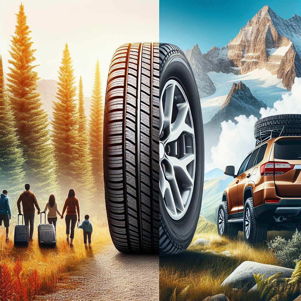 Imagine care prezinta comparatia intre anvelopele SUV si anvelopele obisnuite, cu lateralul unei anvelope etichetate si un SUV in fundalul unui peisaj natural.