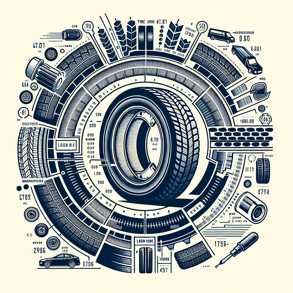 Ilustratie detaliata cu o schema care arata marcajele pe anvelopele Bridgestone, indicand diferite elemente precum dimensiunea anvelopei, indicele de incarcare si data fabricatiei. Schema trebuie sa aiba un aspect profesionist, adecvat pentru un articol despre anvelopele Bridgestone.