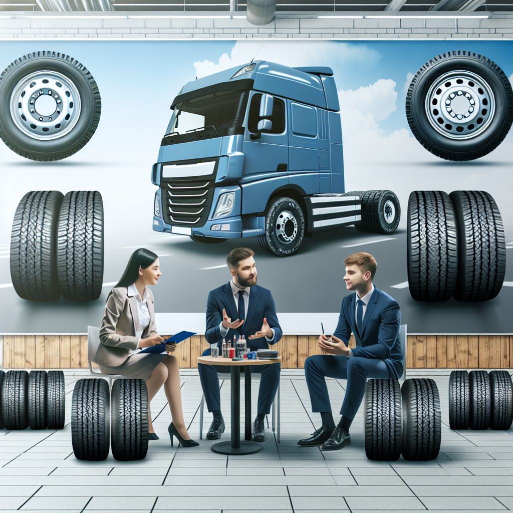 Imagine de inalta calitate care arata o fotografie cu anvelope de camion cu marcaje clare, experti discutand despre selectia anvelopelor, pe fundalul unui service auto. Toate persoanele sunt de tip european.
