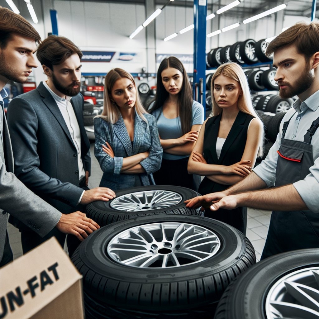 Grup de oameni de tip european aflati intr-un service auto, care se uita la anvelope Michelin cu marcaj Runflat, discutand despre caracteristicile acestora, toti par interesati si implicati.