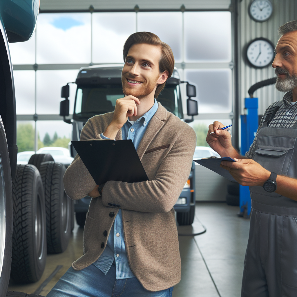 Imagine de inalta calitate care arata o fotografie cu un proprietar de camion care verifica marcajul anvelopelor, alaturi de un mecanic care discuta despre anvelope cu un client intr-un service auto. Toate persoanele sunt de tip european.