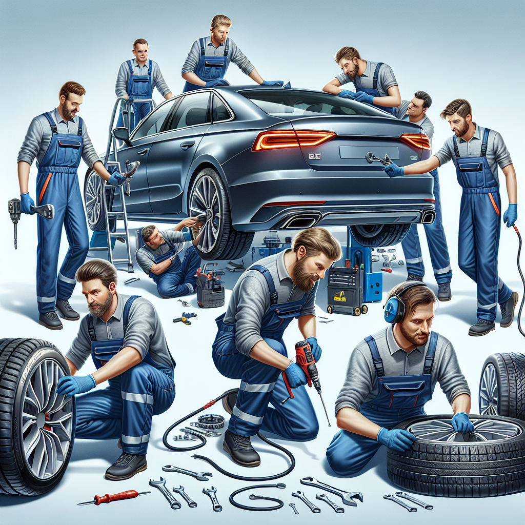 Imagine cu o echipă de mecanici care întrețin un automobil, montând anvelope Goodyear, toți având un aspect european, aspectul ar trebui să fie similar cu o fotografie.
