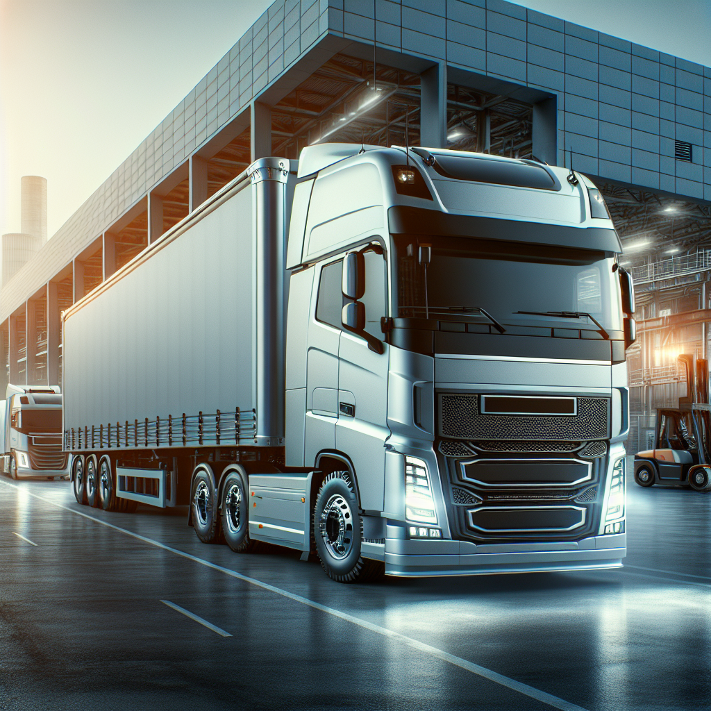 Imagine cu părțile din față și din spate ale unui camion de marfă cu anvelope Continental, amplasate pe fundalul unui depozit modern pentru marfă.