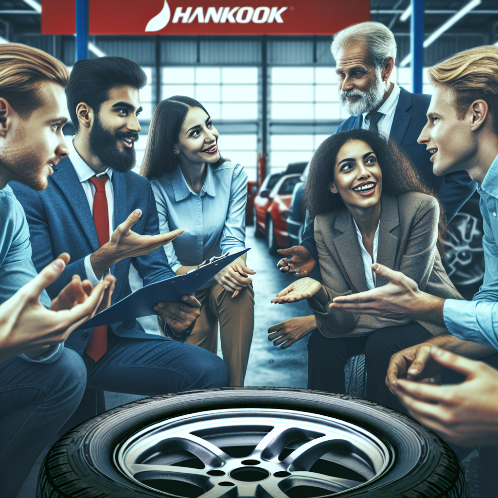 Imagine cu marcajul anvelopelor Hankook in fundalul unui service auto, cu europeni care discuta despre anvelopele lor.