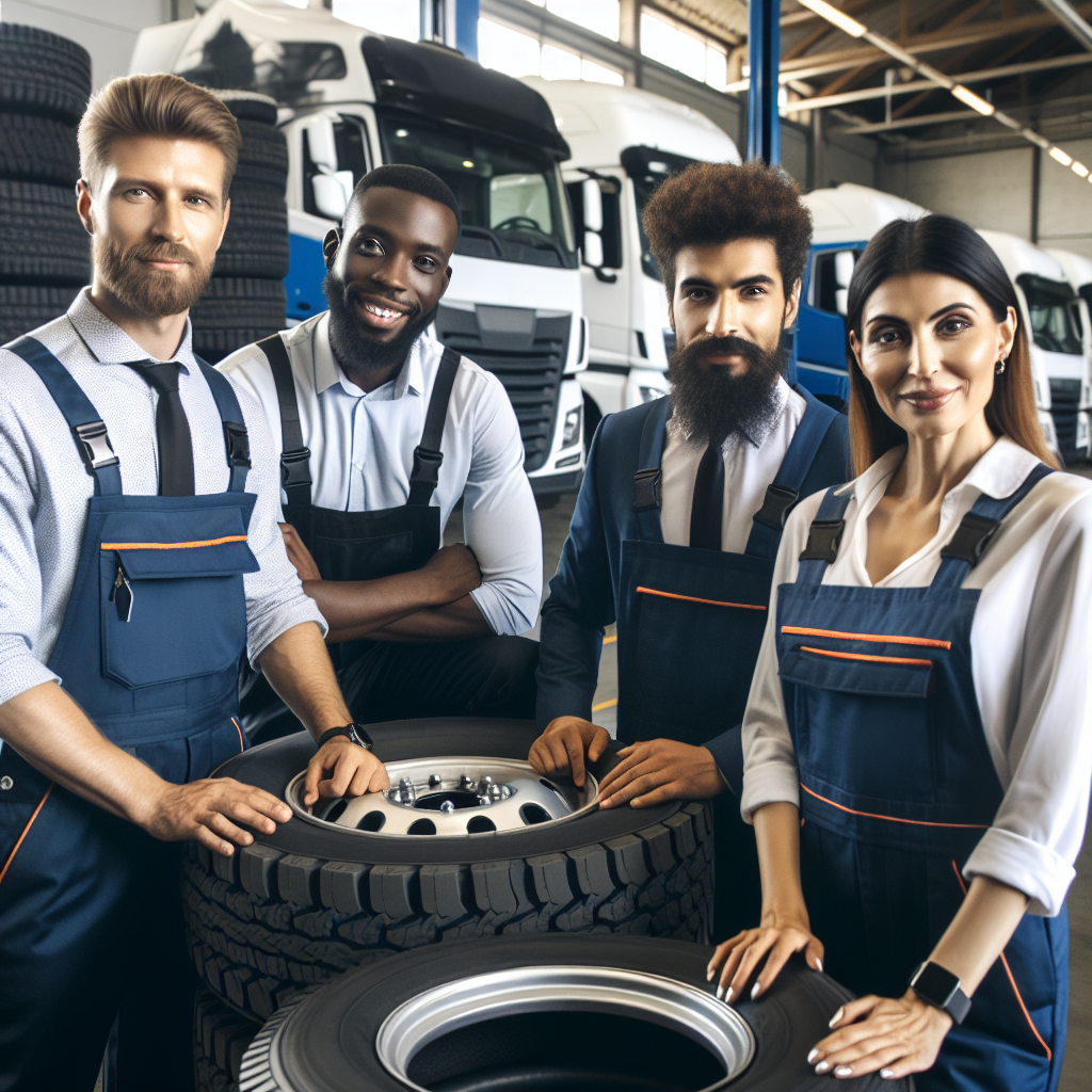 Imagine în care o echipă de profesioniști verifică anvelopele Continental pentru camioane într-un atelier auto, pentru a părea o fotografie reală.