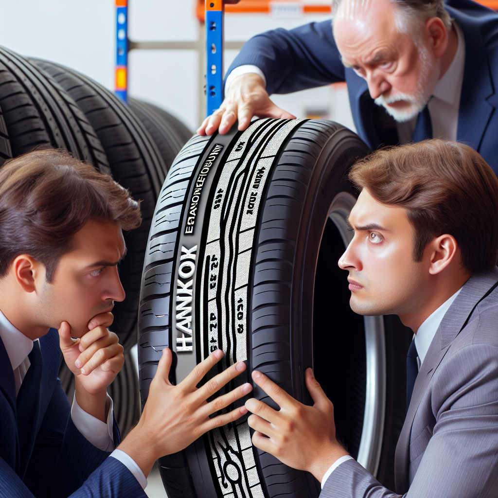 Imagine in care oamenii studiaza lateralul unei anvelope Hankook, pe care se vede denumirea tarii producatorului, cu aspect european.