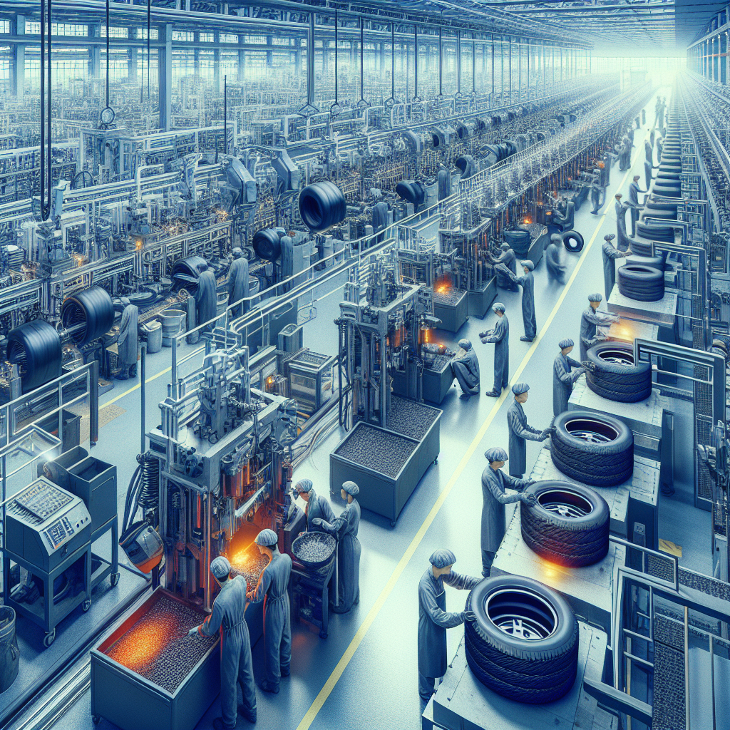 Imagine cu fabrica Continental dotată cu echipamente moderne și cu muncitori implicați în procesul de producție a anvelopelor, arătând ca o fotografie reală.
