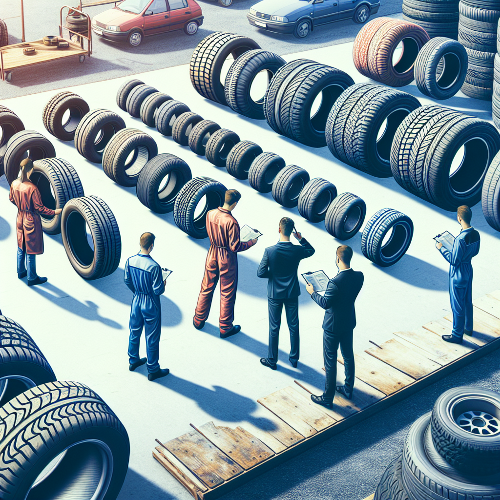 Imagine cu diverse anvelope Hankook, aratand grade diferite de uzura, cu oameni care le examineaza, avand aspect european.