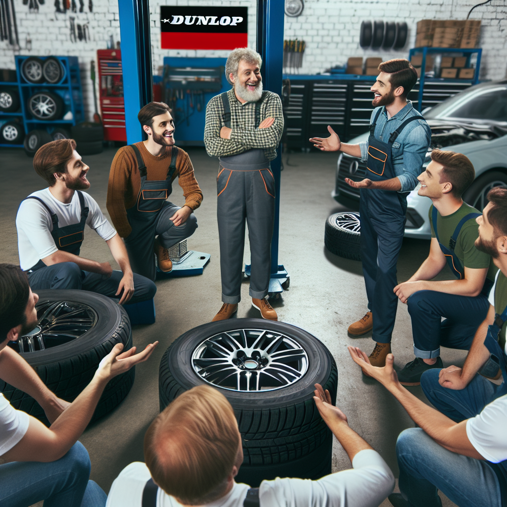 Soferi multumiti discutand despre anvelope Dunlop in service auto, toate persoanele avand un aspect european. Imaginea ar trebui sa arate ca o fotografie.