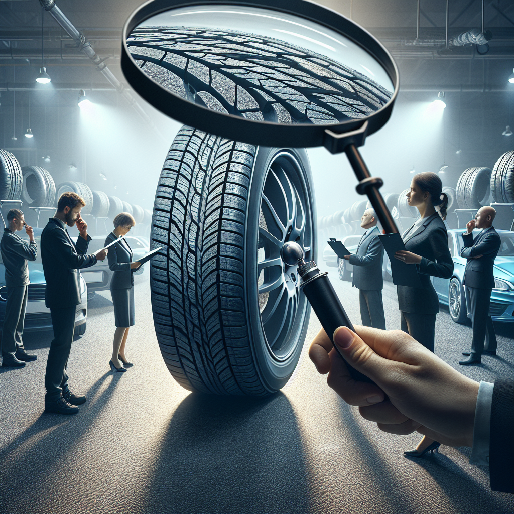 Imaginea marcajului anvelopelor Pirelli pe fundalul unui automobil, detalii ale anvelopei sub un microscope, ca o fotografie, pentru a nu putea fi distinctă de o fotografie reală. Aspectul oamenilor de tip european care studiază cu atenție marcajul anvelopelor.