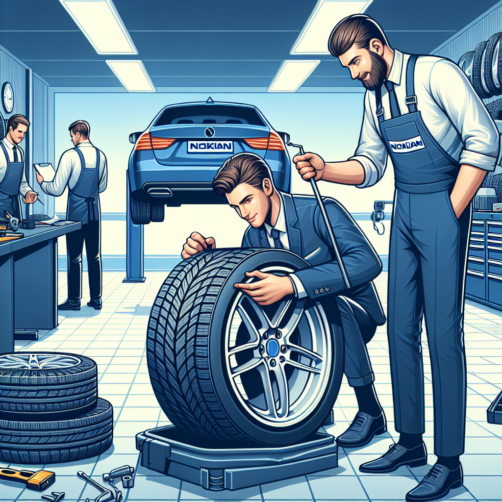 Imaginea arata procesul de instalare a anvelopelor Nokian pe un automobil intr-un service auto, cu barbati si femei europeni care lucreaza la receptia si ofera servicii clientilor.