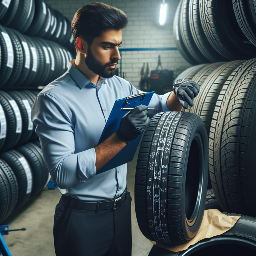 Imagine cu un mecanic profesionist care verifică data de fabricație a anvelopelor și efectuează inspecții, punând accent pe marcajul de pe anvelopă, pentru a părea o fotografie autentică.