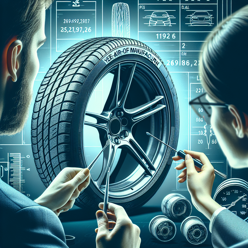 Imaginea anvelopei Pirelli cu focus pe marcajul anului de fabricație, pe fundalul uneltelor pentru diagnosticarea automobilelor, ca o fotografie, pentru a nu putea fi distinctă de o fotografie reală. Aspectul oamenilor de tip european care examinează marcajul anvelopelor.