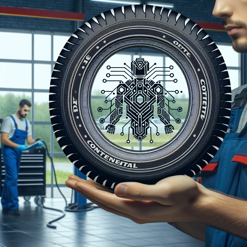Imagine cu o anvelopa Continental marcata, pe fundalul unui service auto Casa Auto, unde mesteri europeni efectueaza diagnosticarea unui automobil.