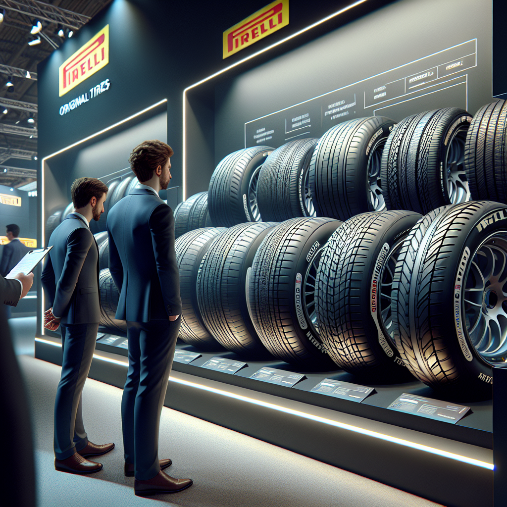 Imaginea anvelopelor originale Pirelli cu marcaj corect și ambalaj pe fundalul unui stand expozițional, ca o fotografie, pentru a nu putea fi distinctă de o fotografie reală. Aspectul oamenilor de tip european care verifică anvelopele pentru originalitate.