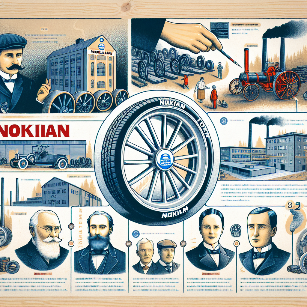 Imaginea prezinta momente istorice din viata companiei Nokian, cu fotografii ale primelor anvelope si fabricilor din Finlanda. In fotografie trebuie sa fie oameni de tip european, legati de istoria brandului.