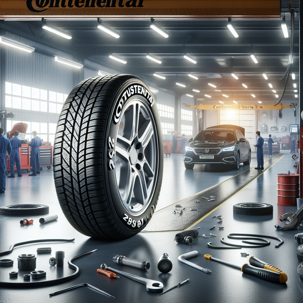 Imagine cu o anvelopa Continental marcata, pe fundalul unui service auto Casa Auto, unde se efectueaza diagnosticarea anvelopei.