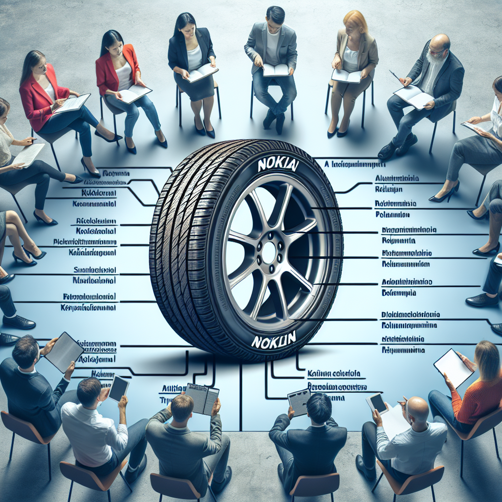 Imagine cu marcajul anvelopelor Nokian, cu denumiri clare si diverse modele de anvelope. Toti oamenii din imagine sunt de tip european si manifesta interes pentru alegerea anvelopelor auto.