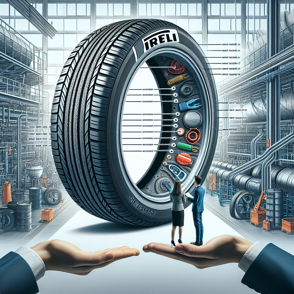Imaginea anvelopei Pirelli cu marcajul țării de fabricație bine vizibil, pe fundalul unei fabrici sau uzine, ca o fotografie, pentru a nu putea fi distinctă de o fotografie reală. Aspectul oamenilor de tip european care discută despre calitatea anvelopelor și aleg cele potrivite.