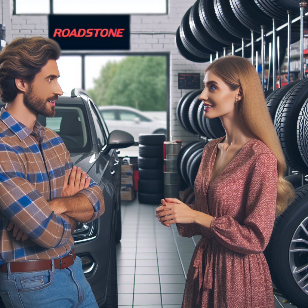 На картине два автовладельца обсуждают свои шины Roadstone и Nexen в автосервисе, с европейскими чертами внешности, на фоне автомобилей и шин.