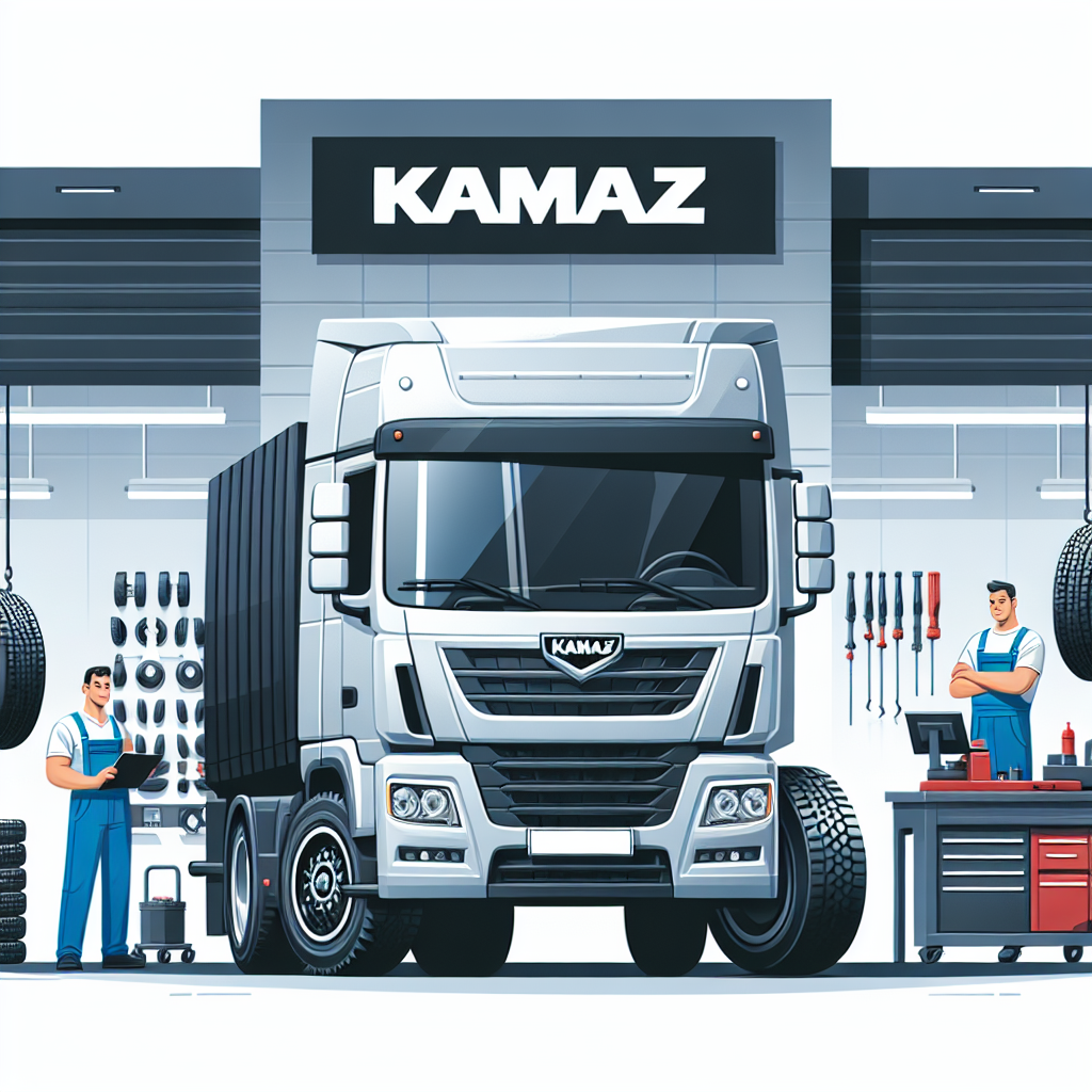 Imaginea unui camion KAMAZ cu anvelope noi in fundalul unui service auto, unde lucreaza specialisti europeni si se vede echipamentul pentru montarea anvelopelor.