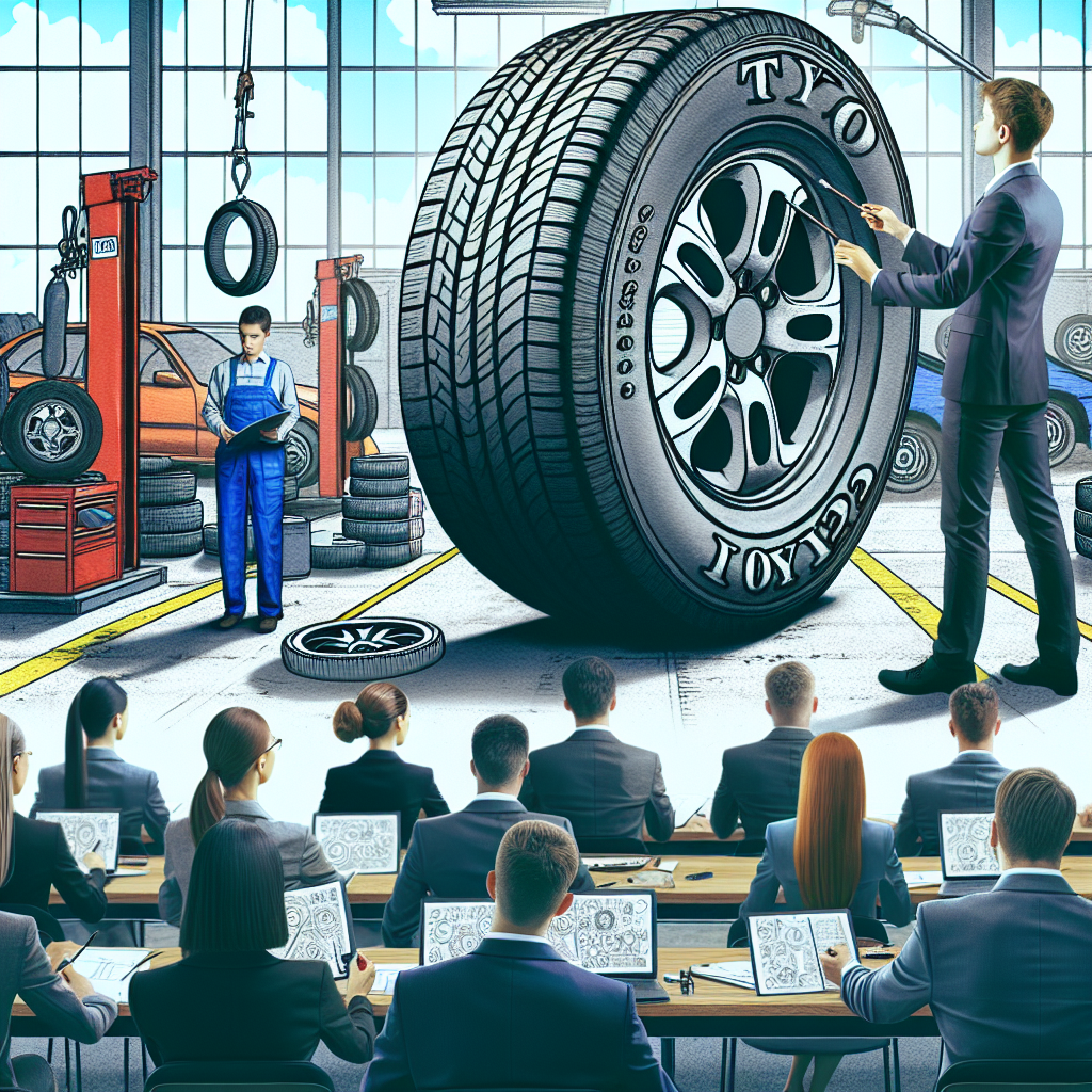 Anvelope TOYO cu anul fabricatiei vizibil pe lateral, intr-un fundal de service auto unde profesionistii lucreaza. Arata ca o fotografie.