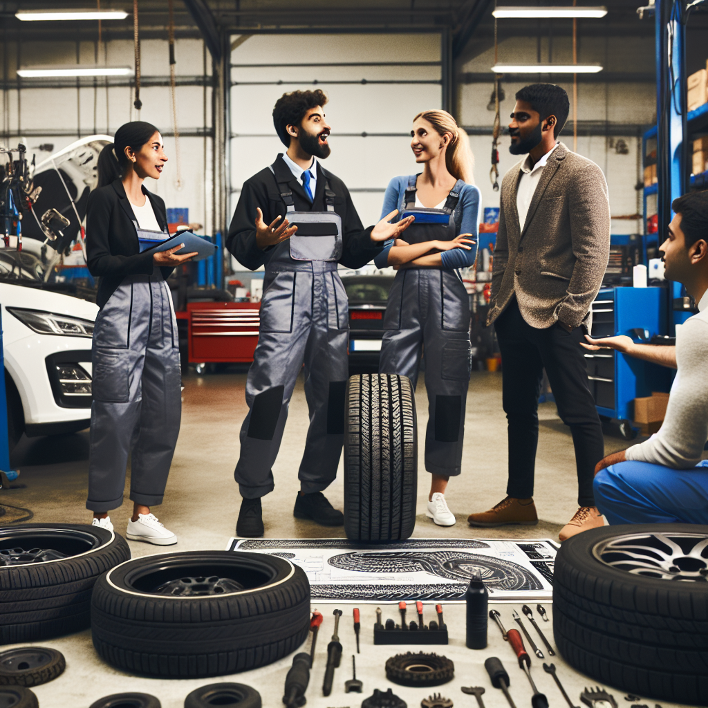 Imagine cu un service auto, in care mecanici explica clientilor diferentele dintre straturile anvelopei, insotiti de exemple vizuale, toate persoanele avand aspect european.