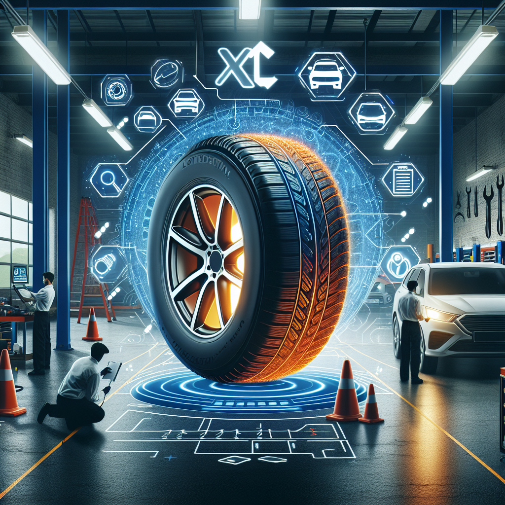 Изображение шины Continental с маркировкой <strong>XL</strong> на фоне автосервиса Casa Auto, где мастера проводят диагностику шин.