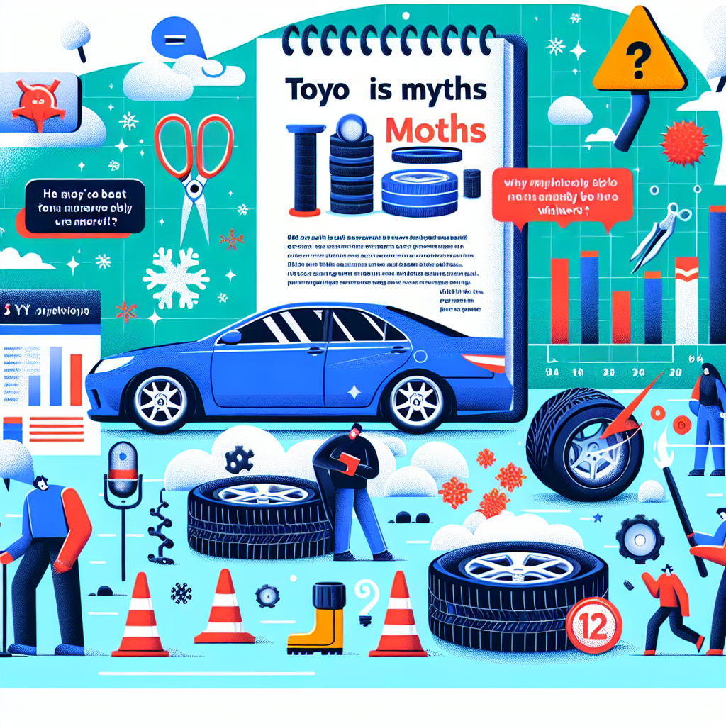 Grafice si ilustratii care demonteaza miturile despre anvelopele TOYO, cum ca sunt scumpe, zgomotoase si nepotrivite pentru iarna. Vizualizarea este colorata si informativa.