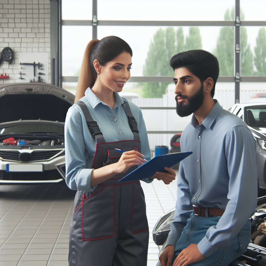 Imagine fotor realistice cu un mecanic care ajuta un client in service auto, avand in fundal automobile europene cu roti, punandu-se accent pe detalii si calitatea muncii.