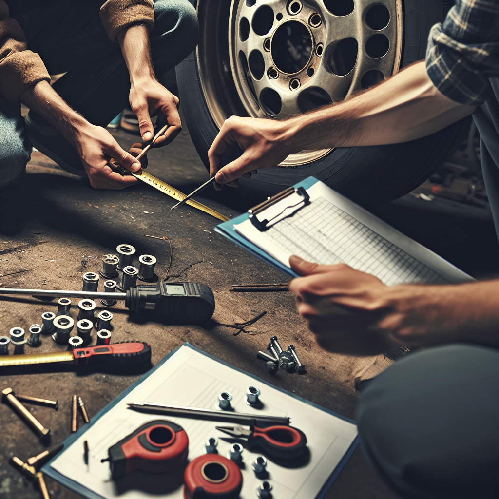 Imagine care arata procesul de masurare a dispunerii orificiilor rotilor pe un automobil, punand accent pe detalii. Persoanele din imagine au un aspect european.