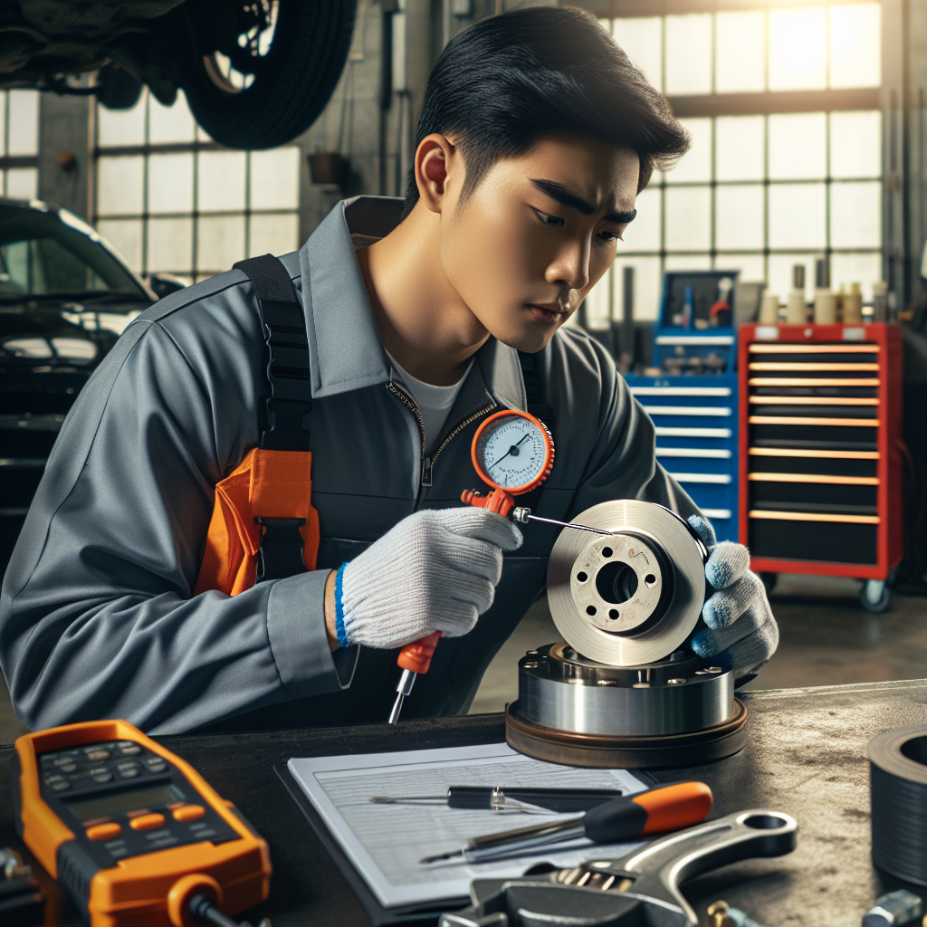 Imagine fotor realistice a procesului de masurare a offset-ului discului, cu accent pe un mecanic care foloseste un caliper pentru masuratori precise. Imaginea trebuie executata intr-un service auto profesional.