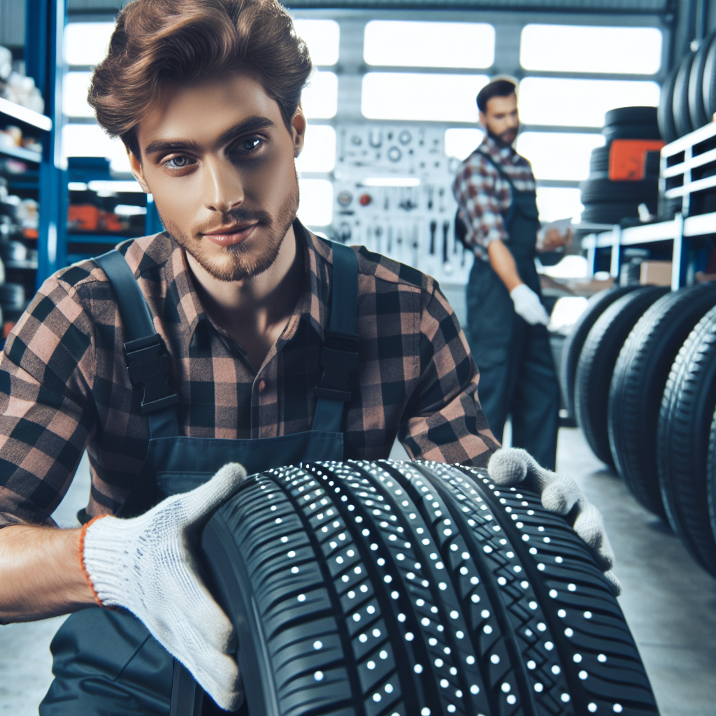 Imagine cu un mecanic de serviciu auto care inspecteaza roti cu puncte albe. Pe fundal se vede un atelier profesionist, cu echipamente vizibile. Toate persoanele sunt specialisti cu aspect european.