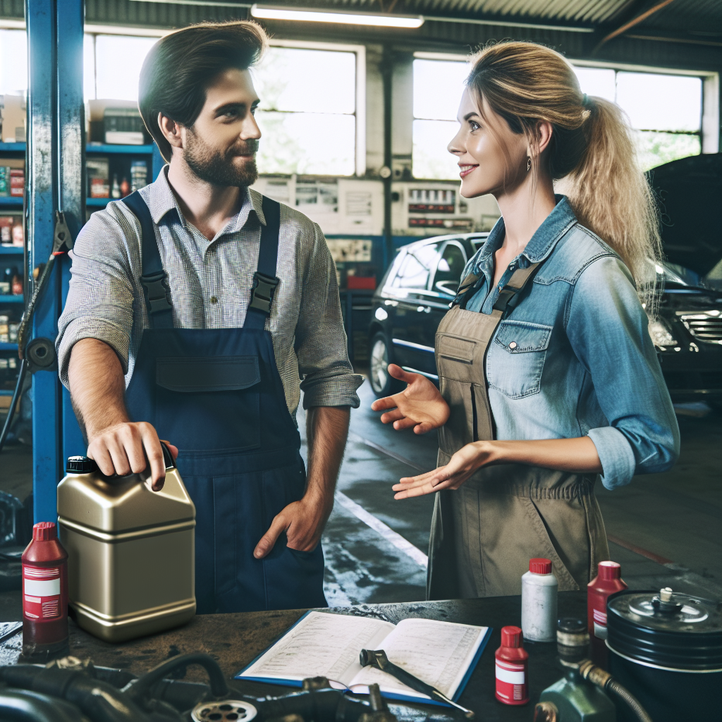 Un barbat si o femeie lucreaza intr-un atelier auto, discutand despre alegerea uleiului de motor. Aparentele tuturor persoanelor sunt de tip european. In atelier se observa echipamente pentru repararea si schimbarea uleiului. Imaginea ar trebui sa arate ca o fotografie.