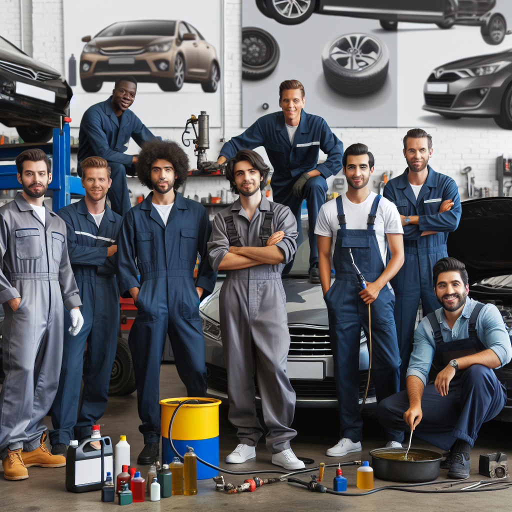 Grup de mecanici profesionisti intr-un service auto, inconjurati de diverse automobile, cu echipamente pentru schimb de ulei si un fundal atractiv al service-ului auto.
