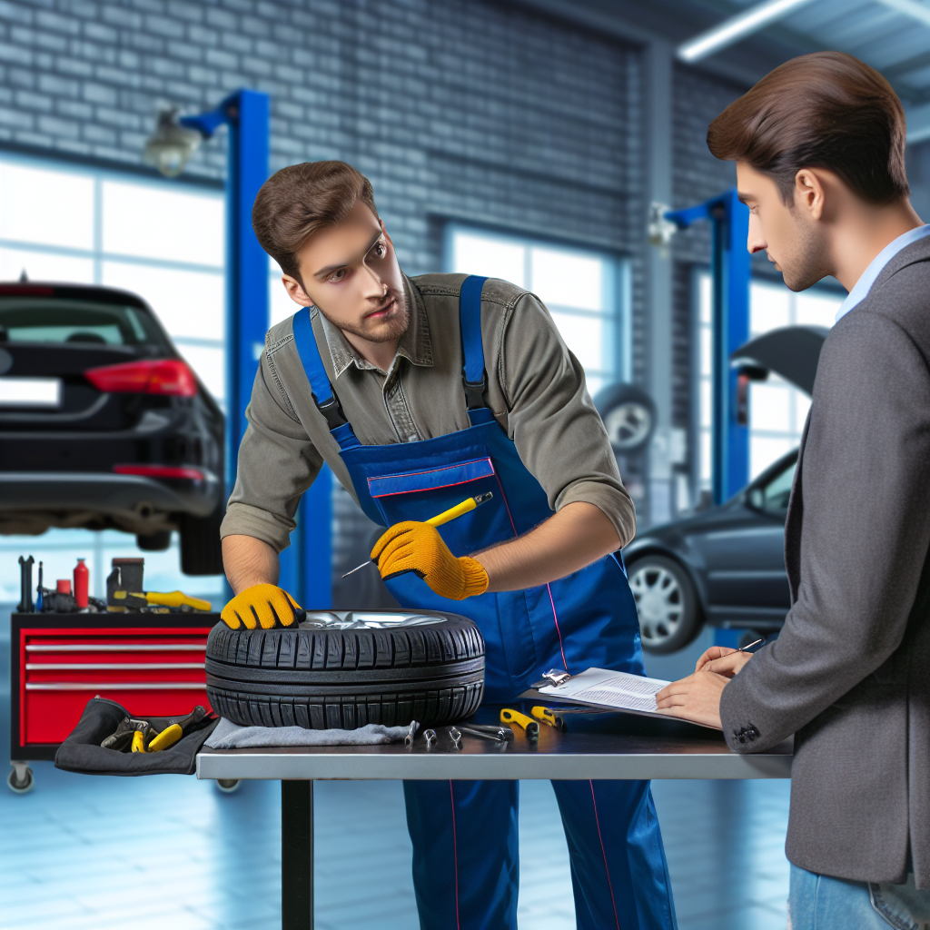 Imagine realista cu un profesionist in service auto, verificand anvelopele unui automobil alaturi de un client, intr-un modern service auto. Persoanele sunt de tip european, iar in fundal se vad unelte si echipamente pentru intretinerea auto.