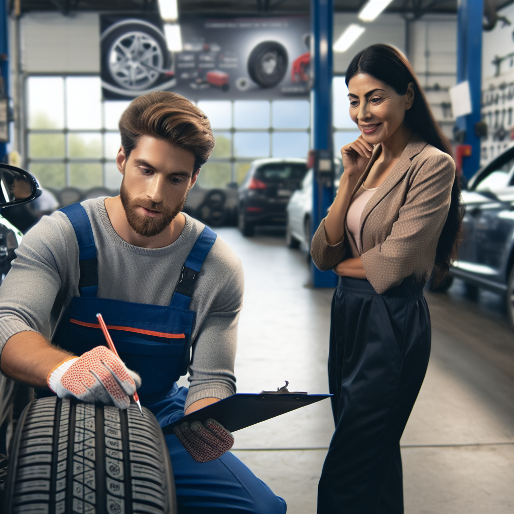 Un mecanic care lucreaza intr-un centru de service auto, aratand de aproape specificatiile unui anvelopa pe o masina, asigurandu-se ca toate persoanele din imagine par a fi de origine europea.